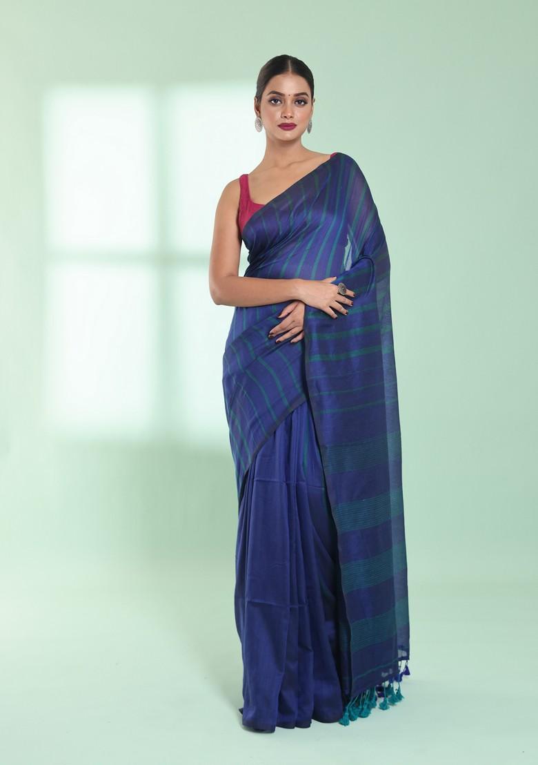 Blue Striped Cotton Saree Set
