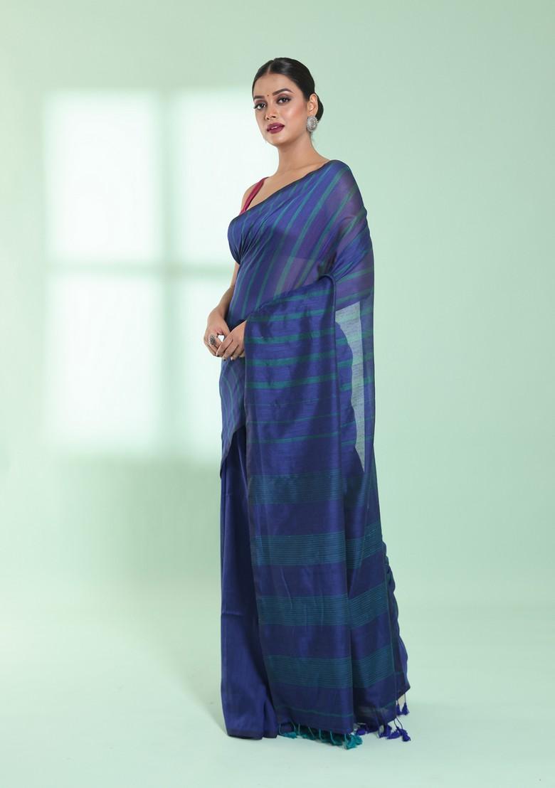 Blue Striped Cotton Saree Set