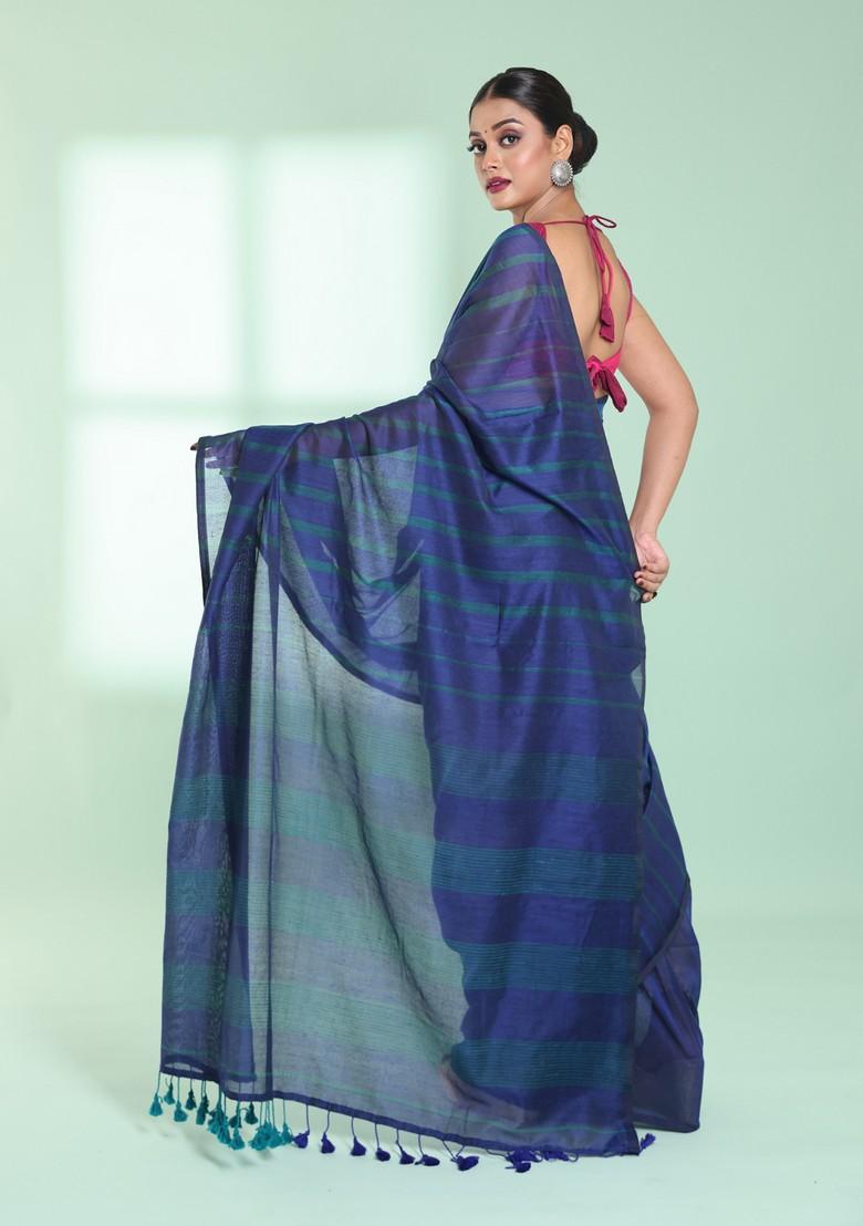 Blue Striped Cotton Saree Set