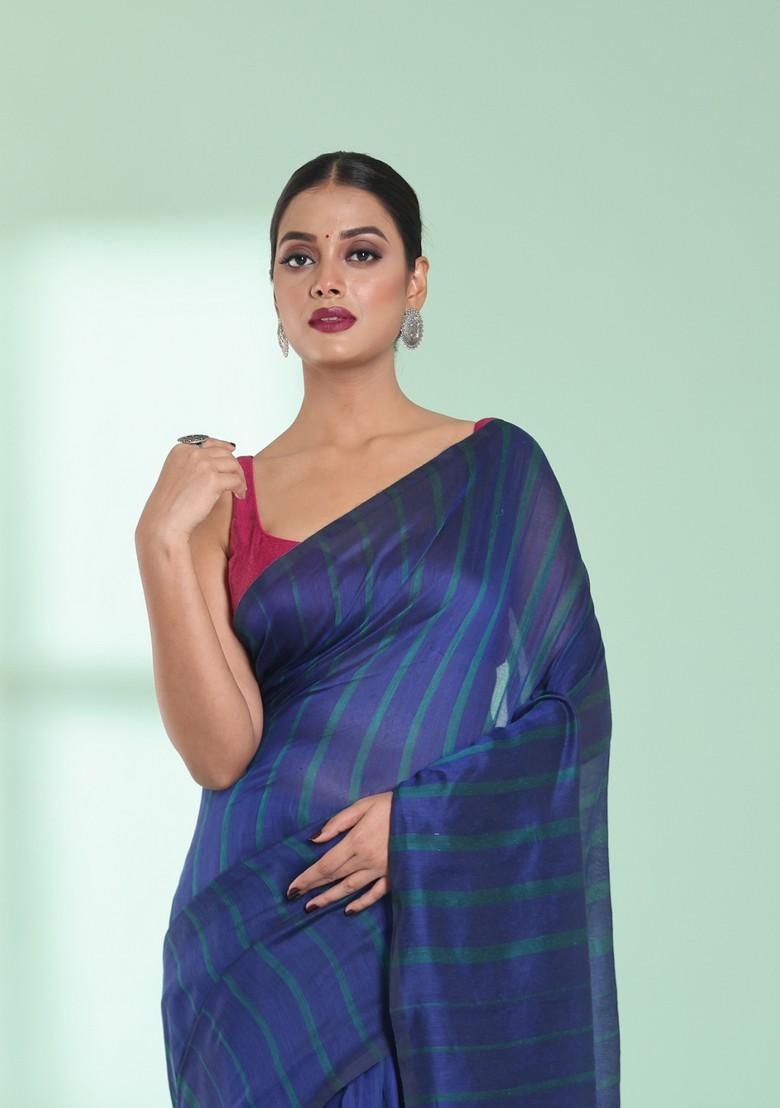 Blue Striped Cotton Saree Set