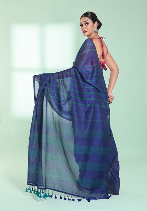 Blue Striped Cotton Saree Set