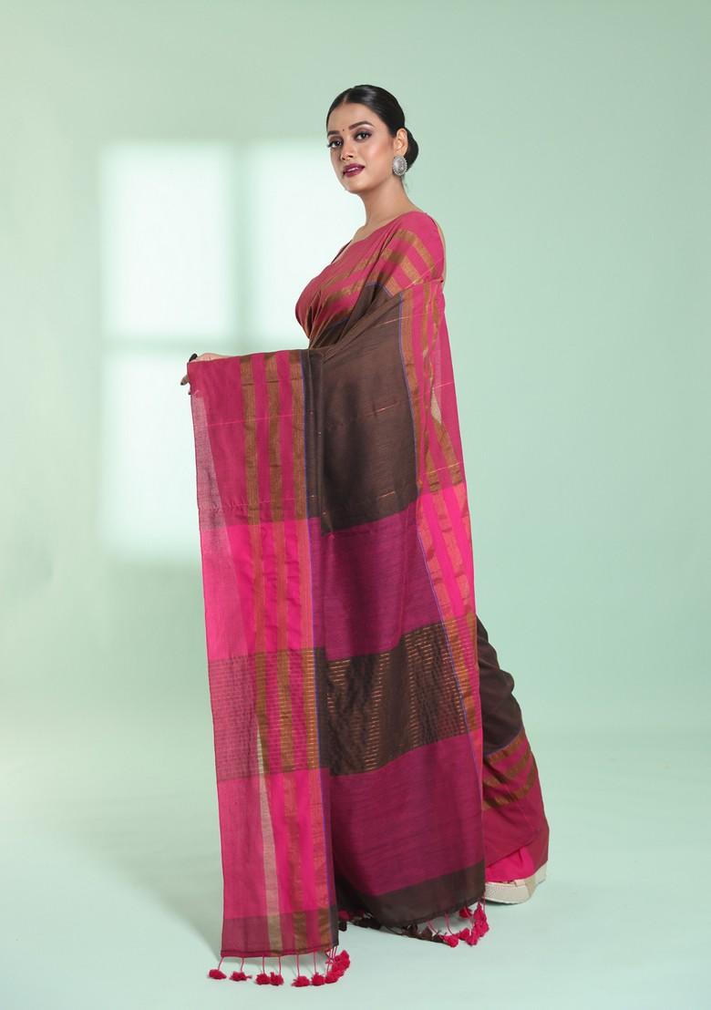 Brown Cotton Saree Set - Indya