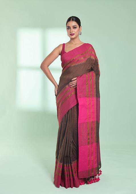 Brown Cotton Saree Set