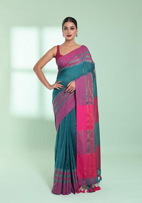 Teal Cotton Saree Set