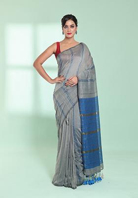 Steel Grey Zari Striped Cotton Saree Set