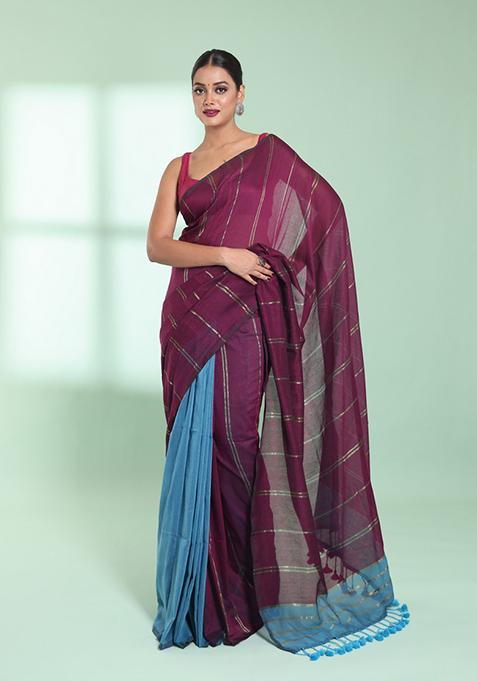 Dark Purple And Sky Blue Zari Striped Cotton Saree Set