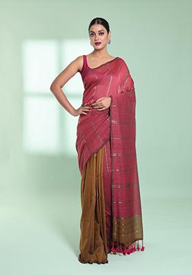 Punch Pink And Mustard Zari Striped Cotton Saree Set