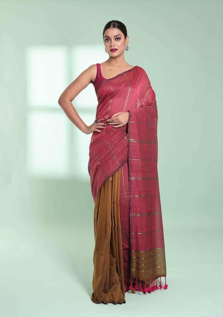 Punch Pink And Mustard Zari Striped Cotton Saree Set for Diwali and Festive Wear - Indya