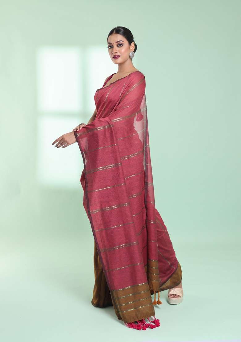 Punch Pink And Mustard Zari Striped Cotton Saree Set for Diwali and Festive Wear - Indya