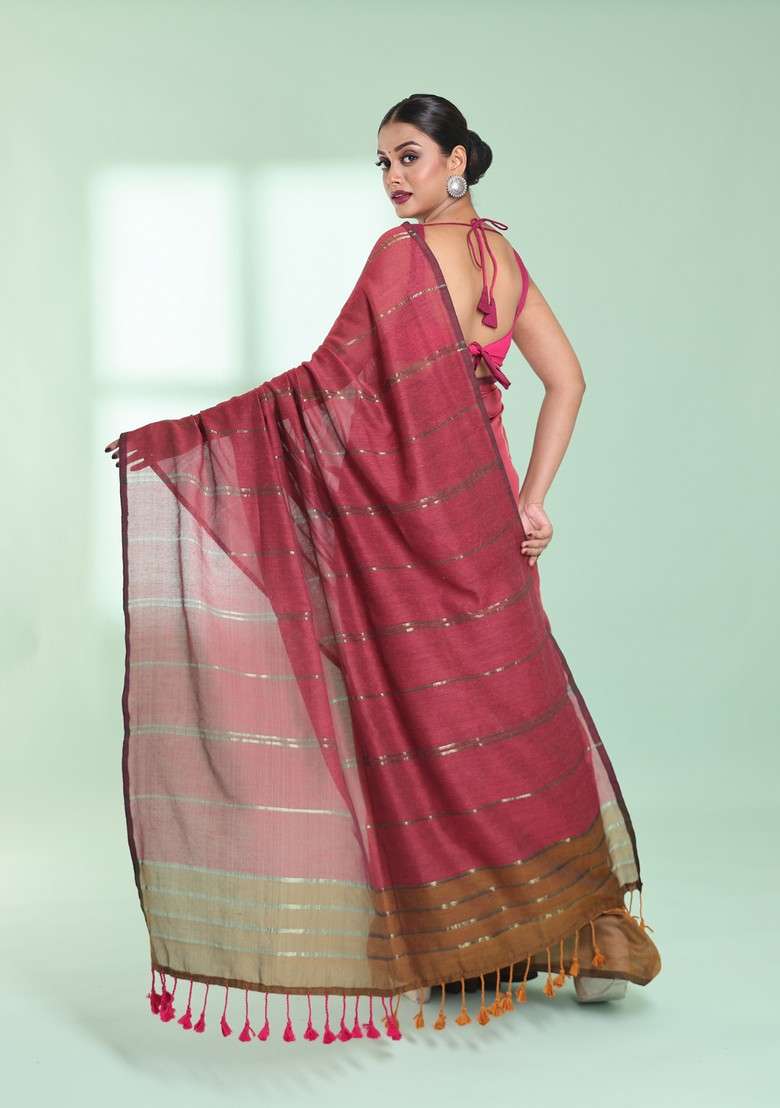 Punch Pink And Mustard Zari Striped Cotton Saree Set for Diwali and Festive Wear - Indya