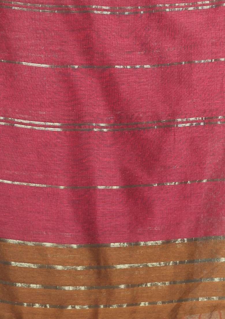 Punch Pink And Mustard Zari Striped Cotton Saree Set for Diwali and Festive Wear - Indya