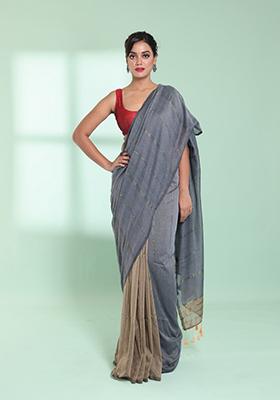Grey And Ecru Zari Striped Cotton Saree Set
