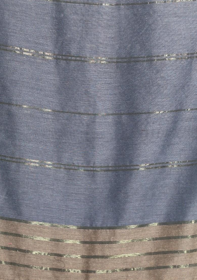 Grey And Ecru Zari Striped Cotton Saree Set - Indya