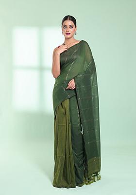 Green Zari Striped Cotton Saree Set