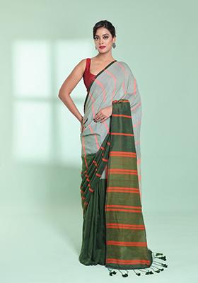 Green Striped Design Cotton Saree Set