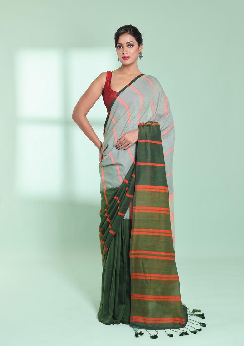 Green Striped Design Cotton Saree Set