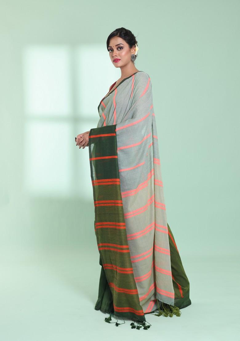 Green Striped Design Cotton Saree Set