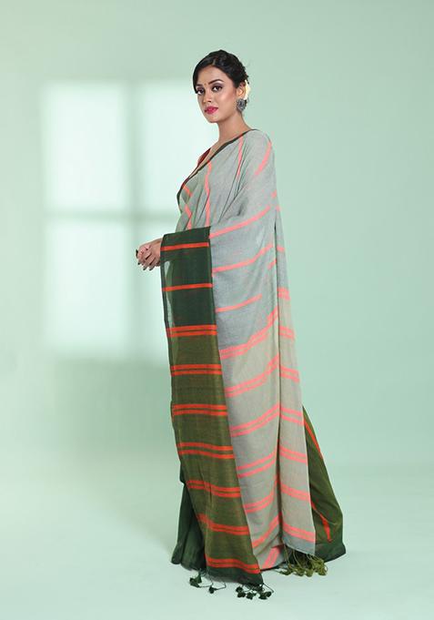 Green Striped Design Cotton Saree Set