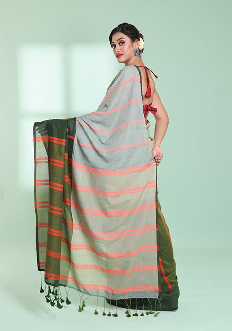 Green Striped Design Cotton Saree Set