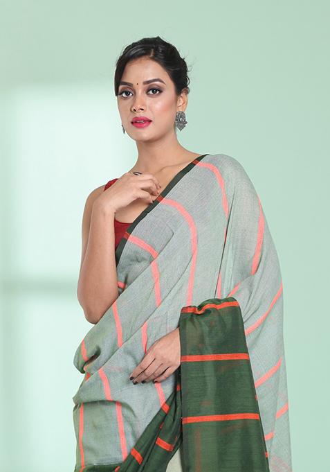 Green Striped Design Cotton Saree Set