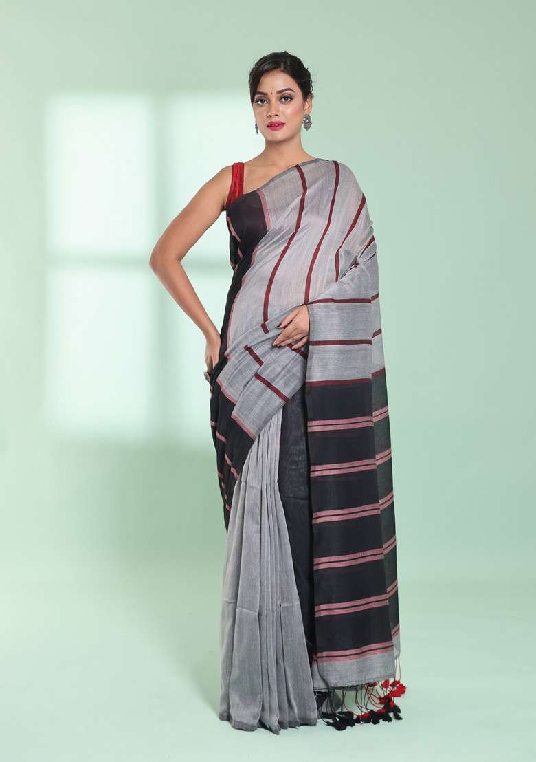 Grey And Black Striped Design Cotton Saree Set for Diwali | Wedding & Festive Wear - Indya