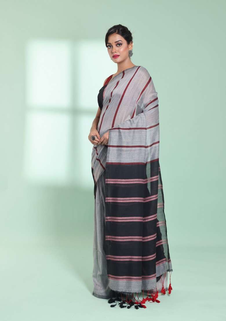 Grey And Black Striped Design Cotton Saree Set for Diwali | Wedding & Festive Wear - Indya