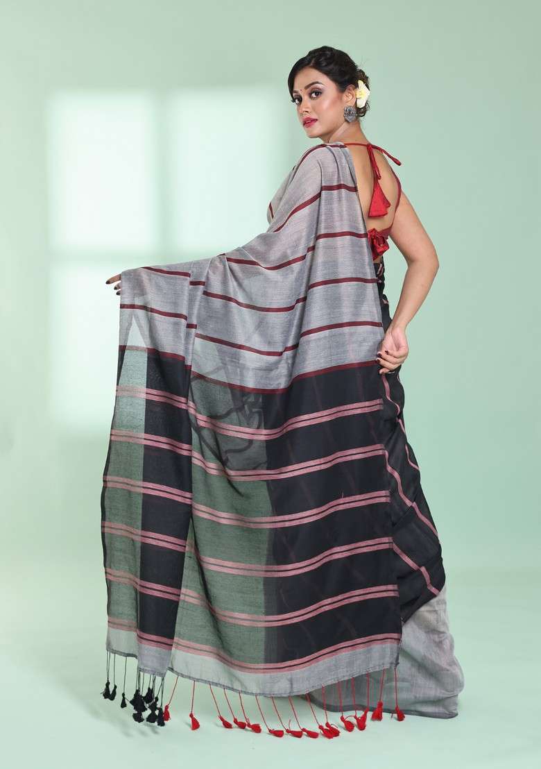 Grey And Black Striped Design Cotton Saree Set for Diwali | Wedding & Festive Wear - Indya