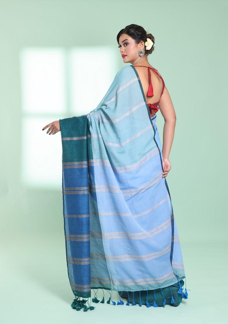 Teal Blue Striped Design Cotton Saree Set