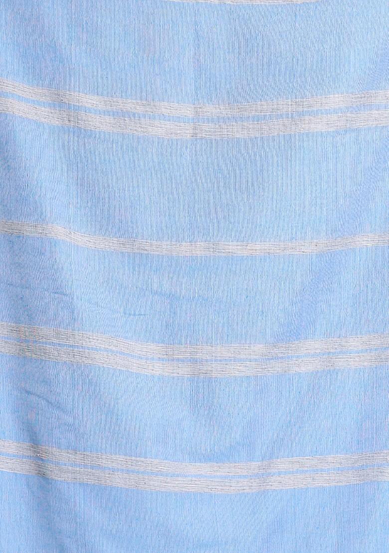 Teal Blue Striped Design Cotton Saree Set