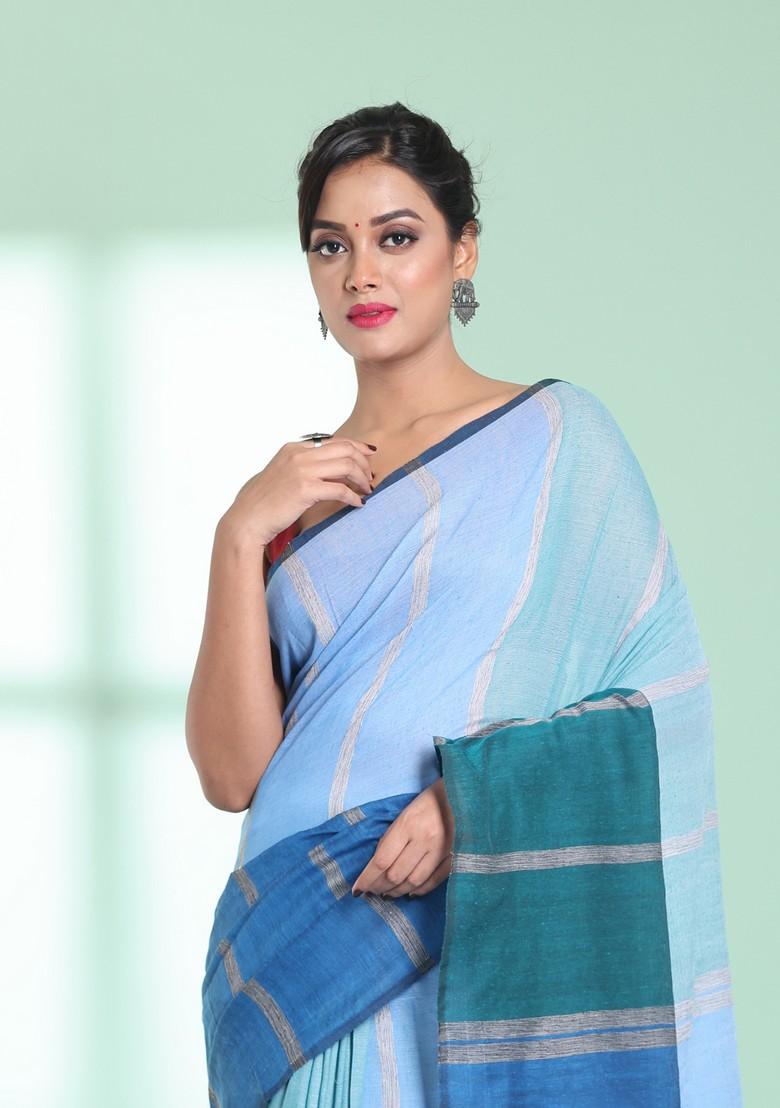 Teal Blue Striped Design Cotton Saree Set