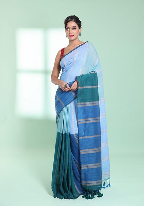 Teal Blue Striped Design Cotton Saree Set