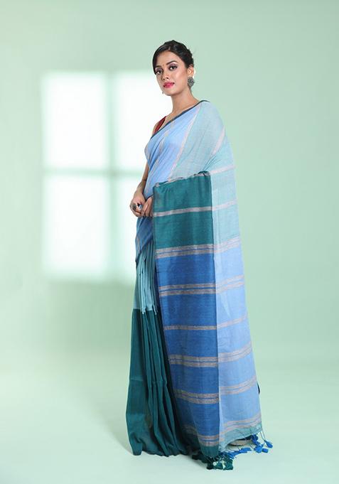 Teal Blue Striped Design Cotton Saree Set