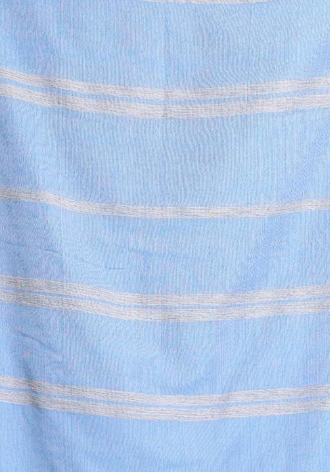 Teal Blue Striped Design Cotton Saree Set