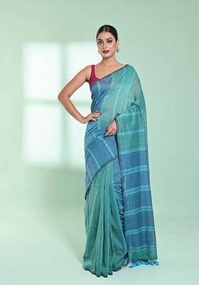 Mint Green And Blue Striped Design Cotton Saree Set