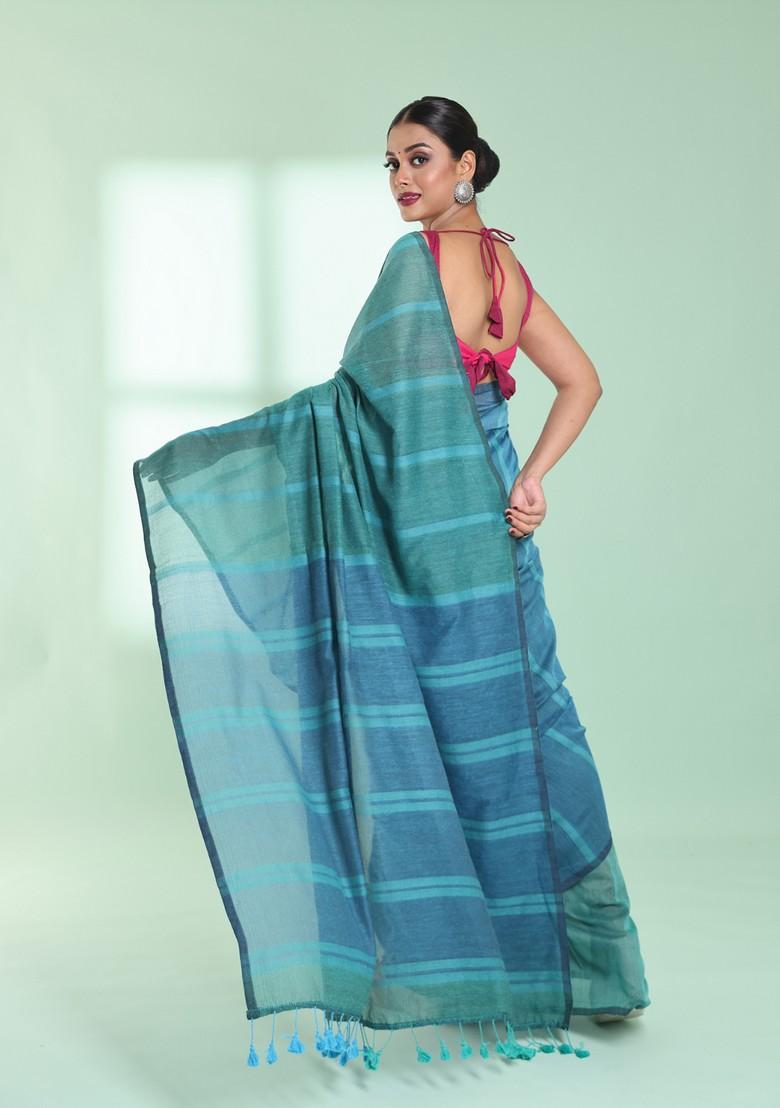 Mint Green And Blue Striped Design Cotton Saree Set