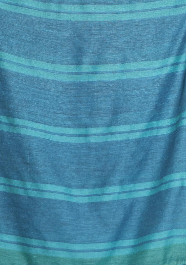 Mint Green And Blue Striped Design Cotton Saree Set - Indya