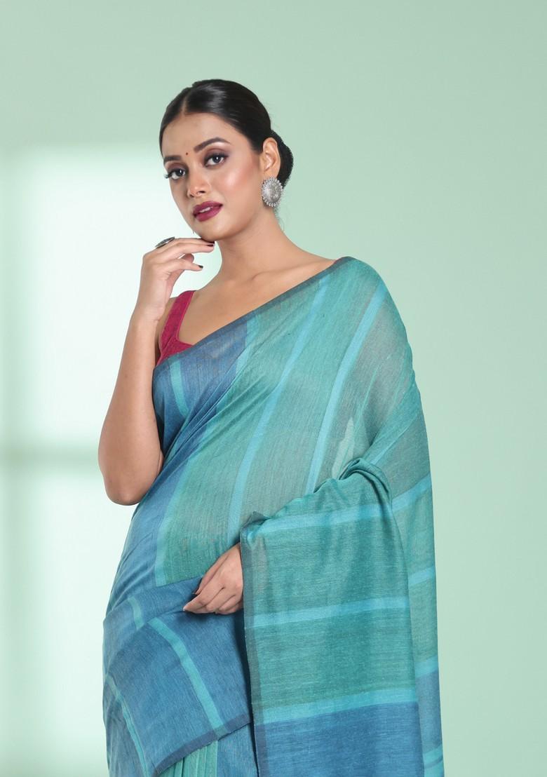 Mint Green And Blue Striped Design Cotton Saree Set