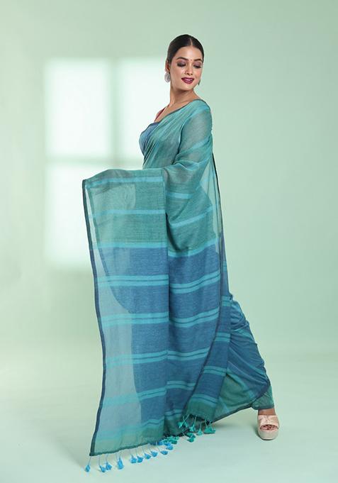 Mint Green And Blue Striped Design Cotton Saree Set
