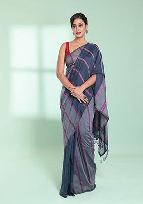 Grey Striped Design Cotton Saree Set