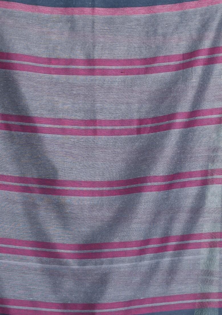 Grey Striped Design Cotton Saree Set - Indya