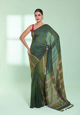 Green Striped Cotton Saree Set