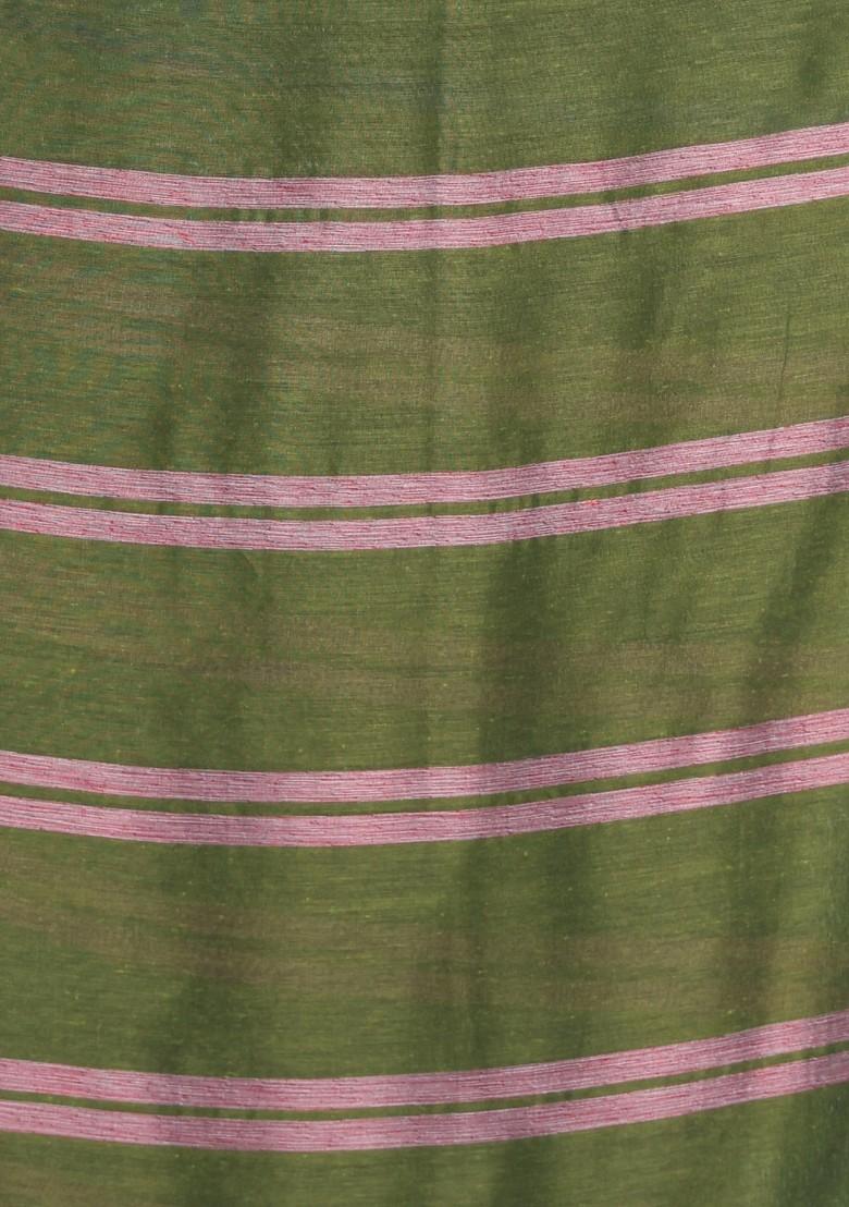 Green Striped Cotton Saree Set - Indya