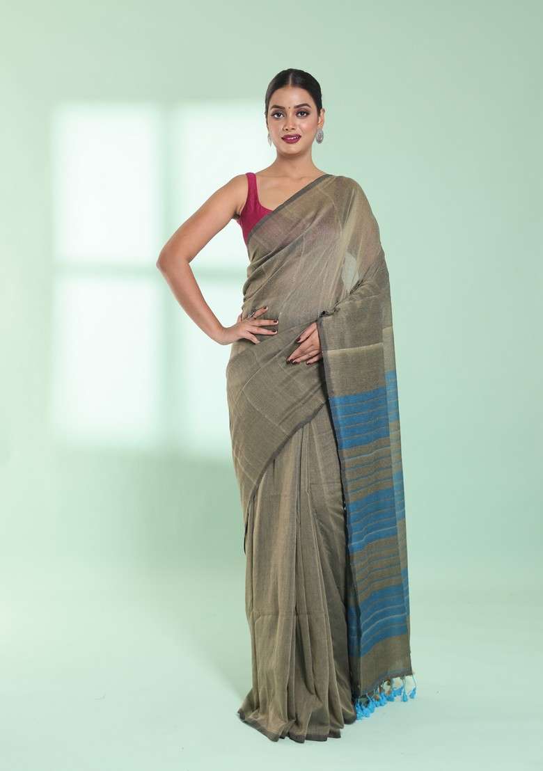 Beige Sequin Work Cotton Saree Set for Diwali and Festive Wear - Indya