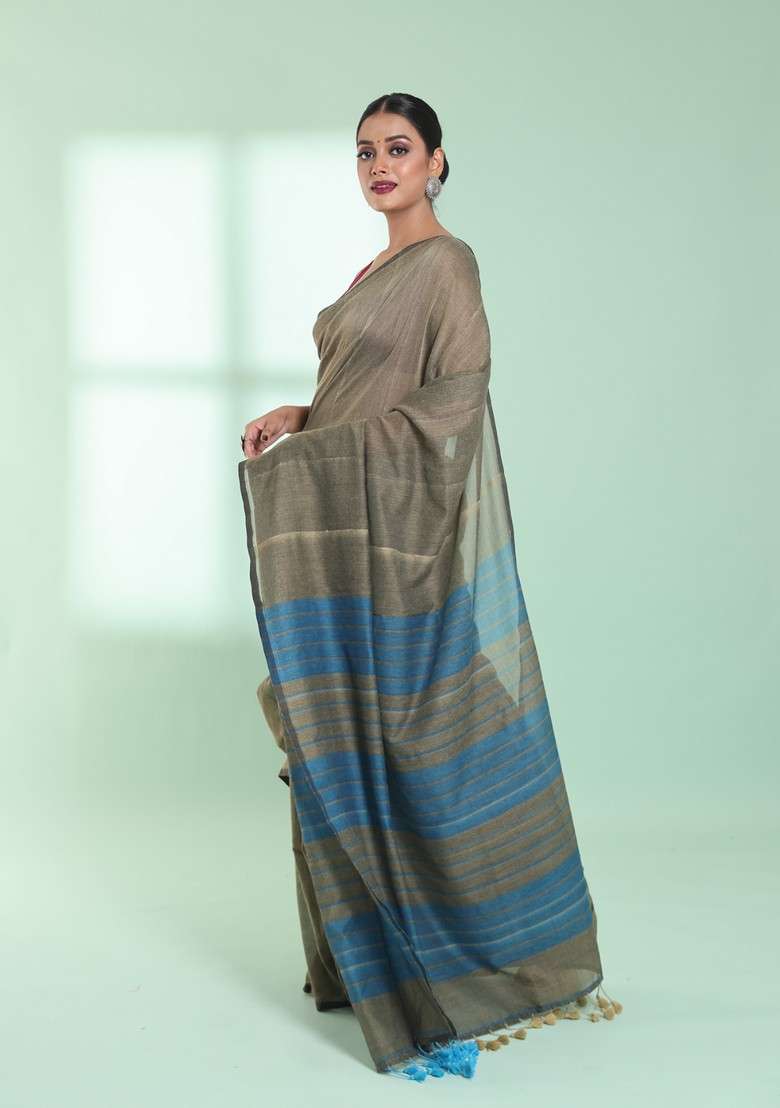 Beige Sequin Work Cotton Saree Set for Diwali and Festive Wear - Indya