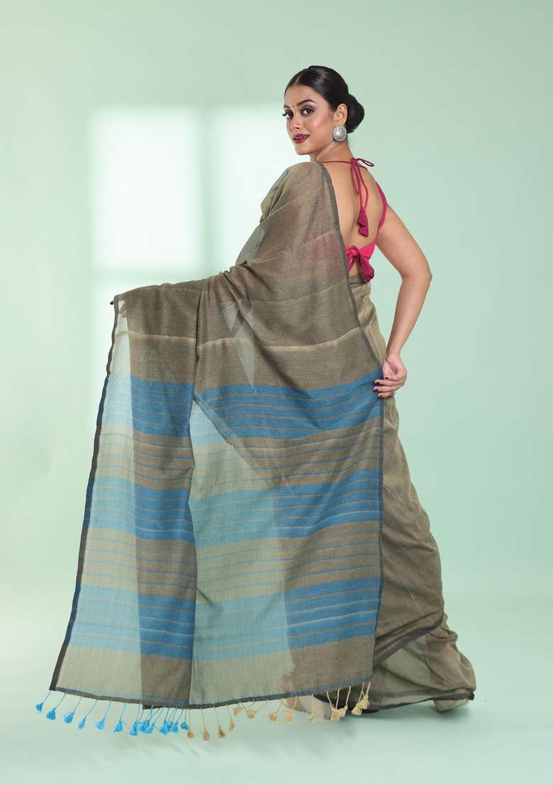 Beige Sequin Work Cotton Saree Set for Diwali and Festive Wear - Indya