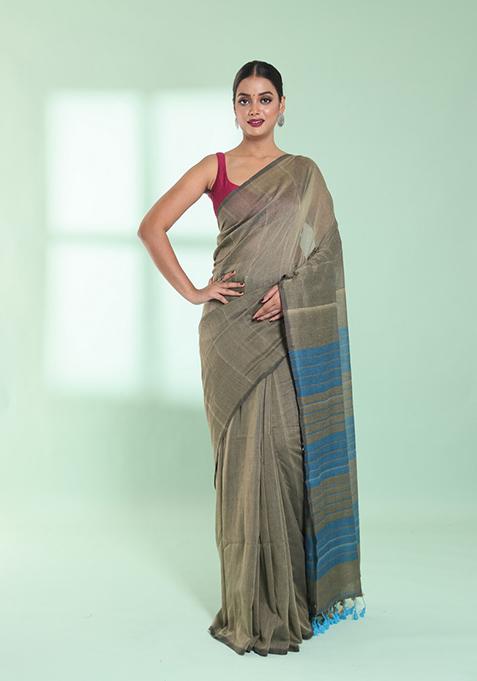 Beige Sequin Work Cotton Saree Set