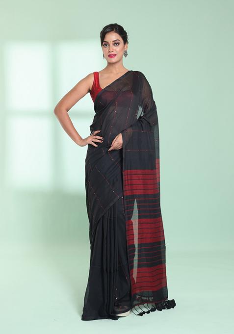 Black Sequin Work Cotton Saree Set