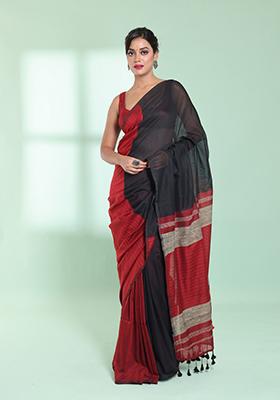 Black And Red Textured Cotton Saree Set