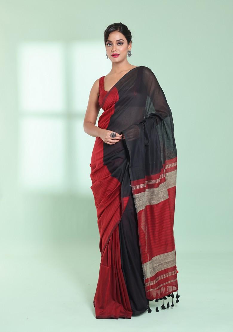 Black And Red Textured Cotton Saree Set