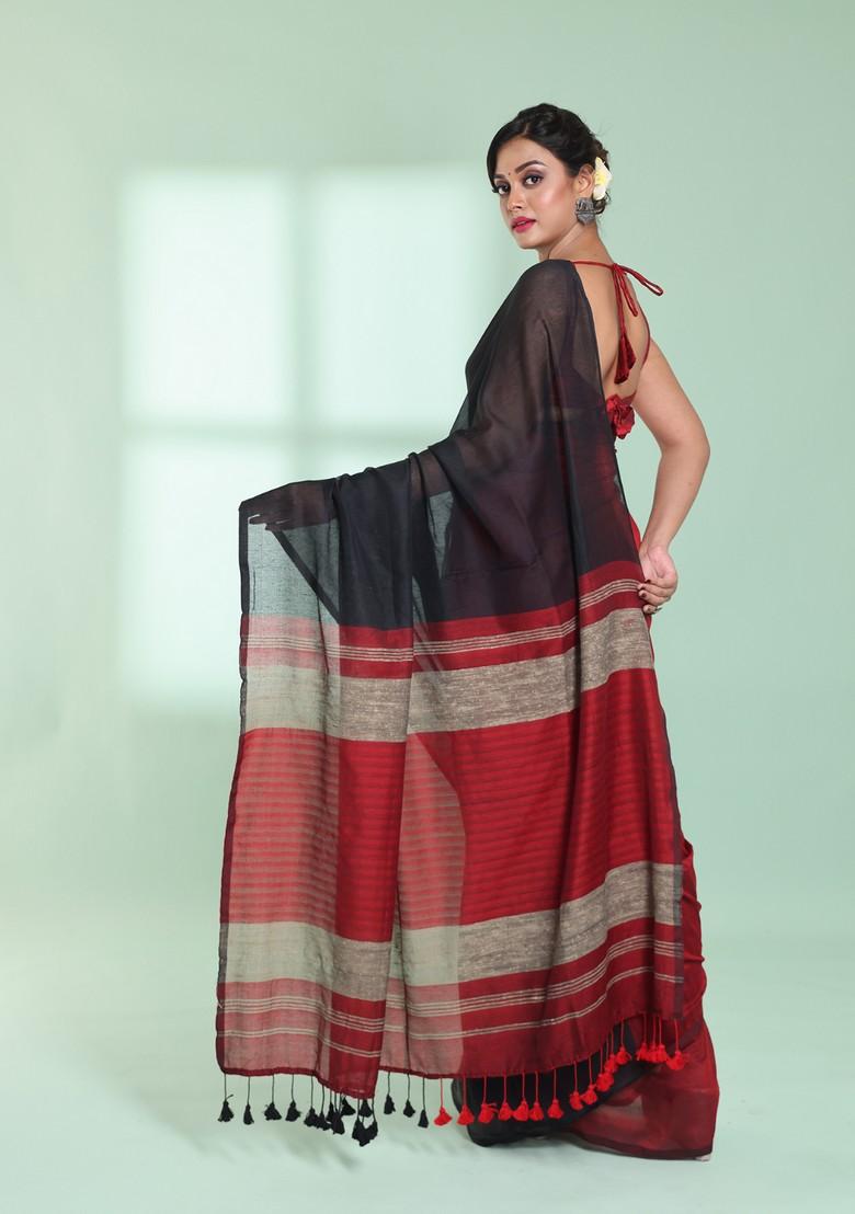 Black And Red Textured Cotton Saree Set